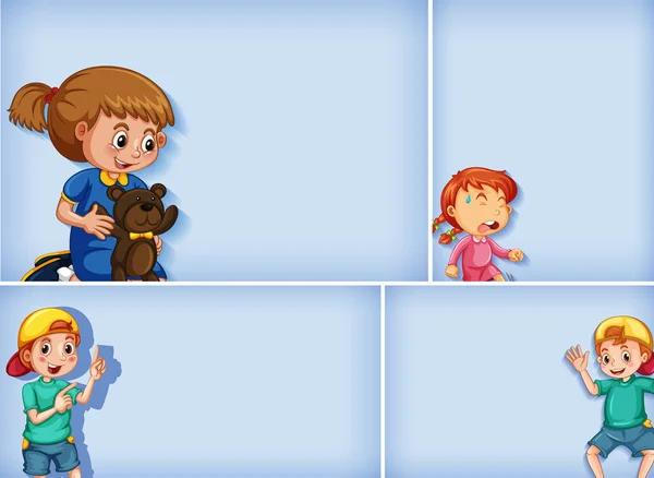 Set Diversi Personaggi Bambino Sfondo Blu Illustrazione — Vettoriale Stock