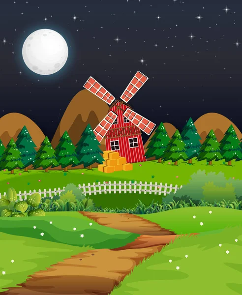 Bauernhofszene Mit Scheune Und Mühle Bei Nacht Illustration — Stockvektor