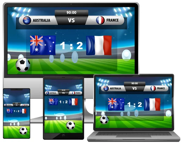 Jeu Score Match Football Sur Différentes Illustrations Écrans Gadget Électronique — Image vectorielle