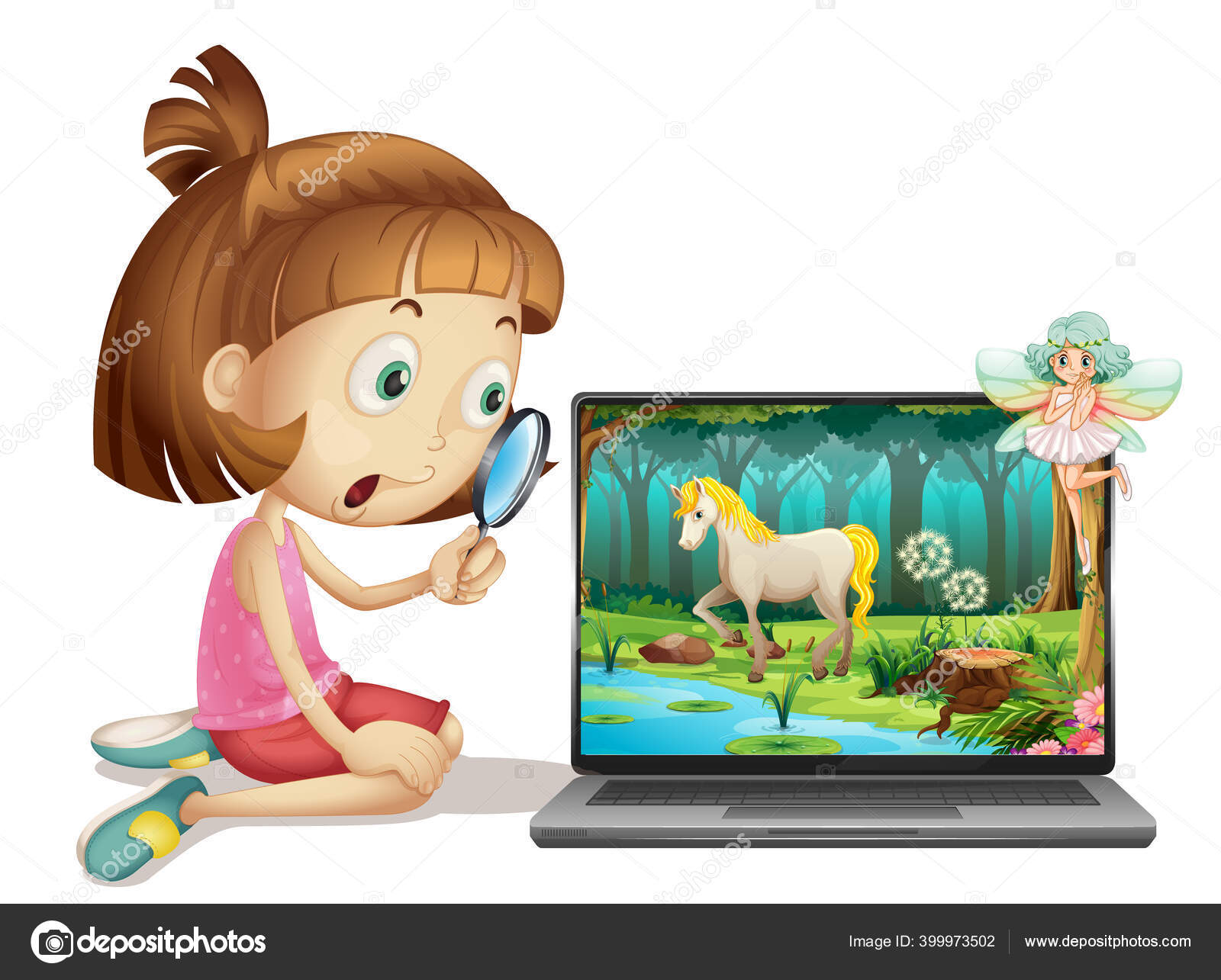 Девушка Смотрит Через Увеличительное Стекло Ноутбук Иллюстрации.