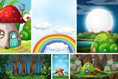 Peri masalında güzel perilerin olduğu altı farklı fantezi dünyası ve boynuzlu karınca, gökkuşağı ve gökkuşağı ile boş gökyüzü, gece sahne resimlerinde orman.