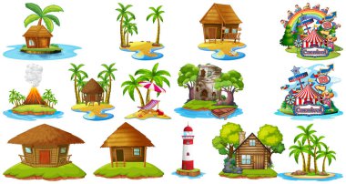 Beyaz arkaplanda izole edilmiş farklı bangalovlar ve ada plaj teması ve eğlence parkı seti