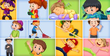 Farklı arkaplan resimlerinde farklı çocuk karakterleri kümesi