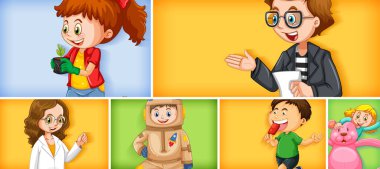 Farklı arkaplan resimlerinde farklı çocuk karakterleri kümesi