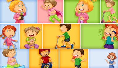 Farklı arkaplan resimlerinde farklı çocuk karakterleri kümesi