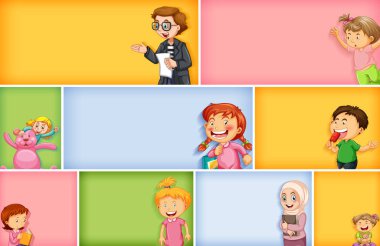 Farklı arkaplan resimlerinde farklı çocuk karakterleri kümesi