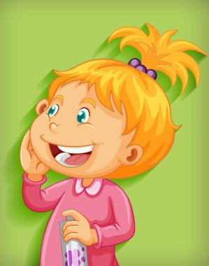 Yeşil arkaplanda izole edilmiş tatlı küçük kız gülüşlü çizgi film karakteri.