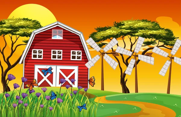 Boerderij Scene Natuur Met Schuur Windmolen Illustratie — Stockvector