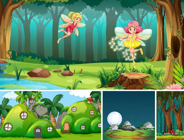 Five Different Scene Fantasy World Beautiful Fairies Fairy Tale Antnest — Stock Vector