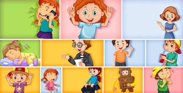 Set Different Kid Characters Different Color Background Illustration — Stock Vector