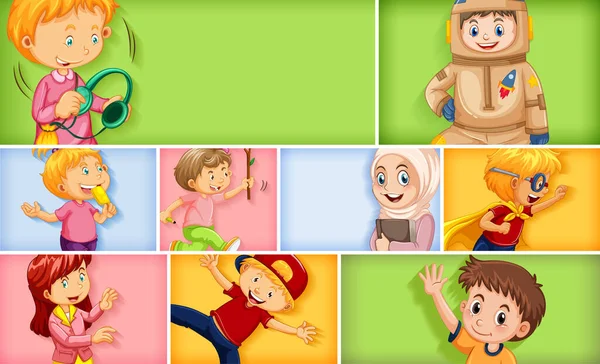 Conjunto Diferentes Personajes Infantiles Diferentes Ilustraciones Fondo Color — Vector de stock