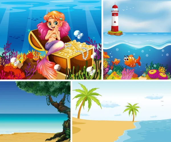 Cuatro Escenas Diferentes Playa Tropical Sirena Bajo Agua Con Ilustración — Vector de stock