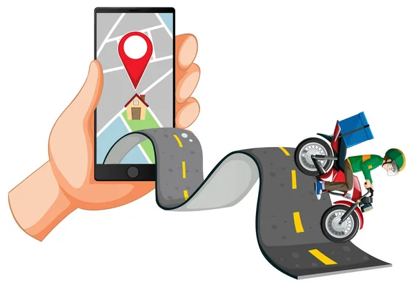 Delivery Man Riding Road Hand Using Smartphone Illustration — Stock Vector