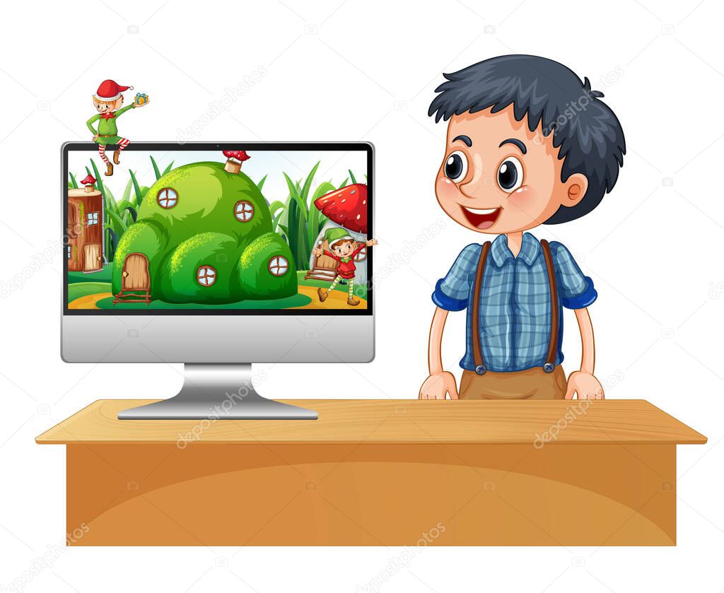 Elf on computer screen desktop illustration