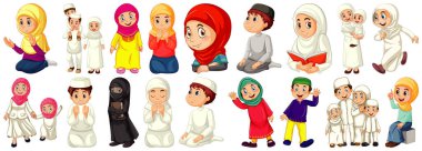 Beyaz arkaplan resimlerinde izole edilmiş farklı müslüman çizgi film karakterleri.