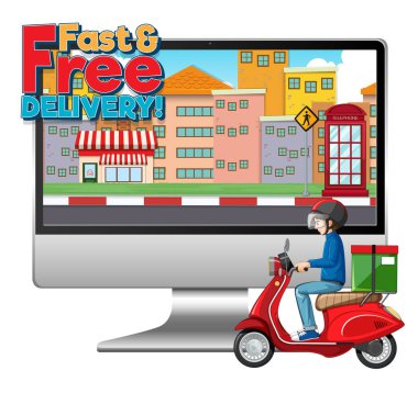 Bisikletli ya da kuryeli bilgisayar ve hızlı ve ücretsiz dağıtım logosu çizimi