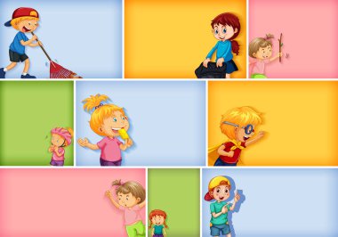 Farklı arkaplan resimlerinde farklı çocuk karakterleri kümesi