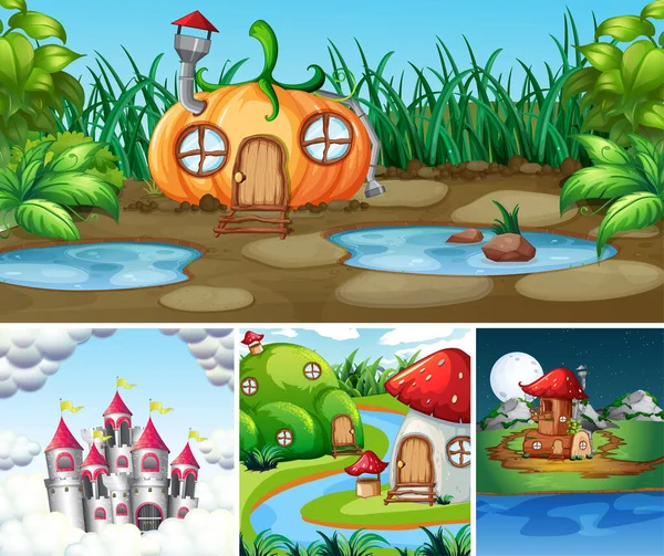 Fantezi dünyasının dört farklı sahnesinde balkabağı evi ve mantar evi çizimi gibi fantezi mekanları var.