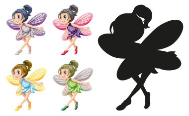 Beyaz arkaplan çiziminde peri karakterleri ve silueti