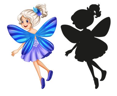 Beyaz arkaplan çiziminde peri karakterleri ve silueti