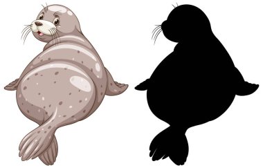 Beyaz arkaplan illüstrasyonunda fok karakterleri ve onun silueti