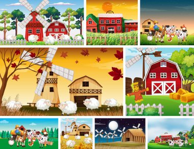 Hayvan çiftliği karikatür stili resimli farklı çiftlik sahneleri.