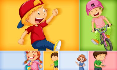 Farklı arkaplan resimlerinde farklı çocuk karakterleri kümesi