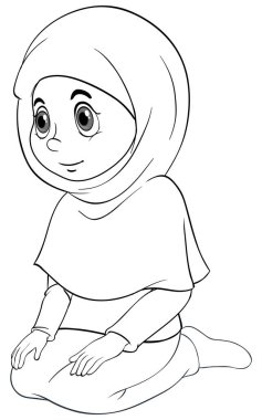 Geleneksel giysiler içinde Arap müslüman bir kız oturduğu yerde dua ediyor.