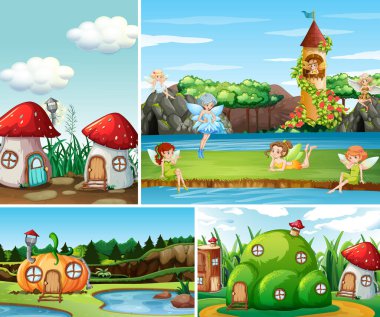 Fantezi dünyasının dört farklı sahnesi ve peri masallarındaki periler.