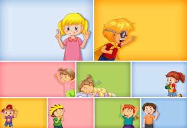 Farklı arkaplan resimlerinde farklı çocuk karakterleri kümesi