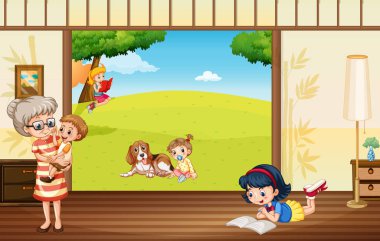 Ev illüstrasyonunda kız çalışması