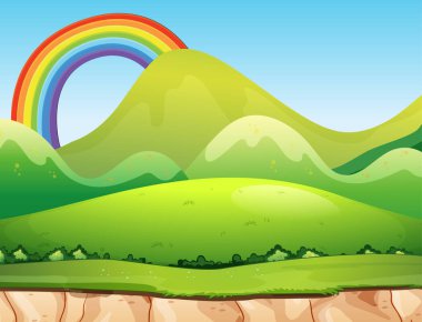 Gökyüzünde gökkuşağı olan doğa orman manzarası