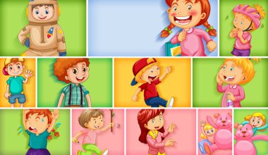 Farklı arkaplan resimlerinde farklı çocuk karakterleri kümesi