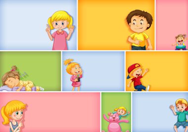 Farklı arkaplan resimlerinde farklı çocuk karakterleri kümesi