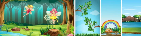 幻想的な場所と妖精のイラストなどのファンタジーキャラクターとファンタジー世界の4つの異なるシーン — ストックベクタ