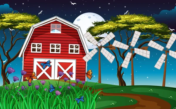 Bauernhofszene Mit Scheune Und Windmühle Bei Nacht Illustration — Stockvektor