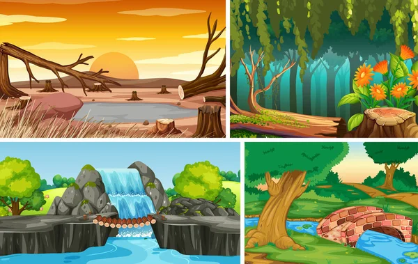 Quattro Diverse Scene Naturali Foresta Acqua Cadono Stile Cartone Animato — Vettoriale Stock
