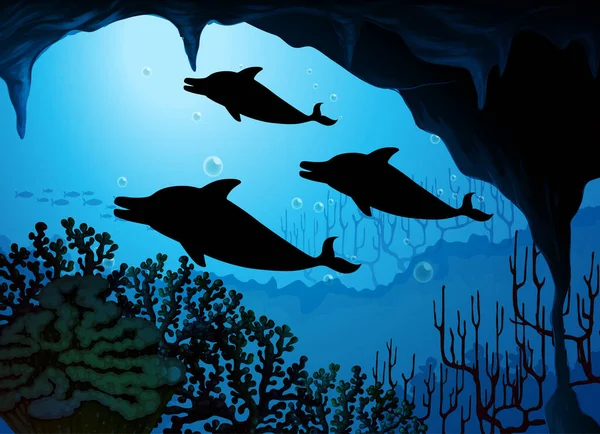 海豚在自然场景中的轮廓图 — 图库矢量图片
