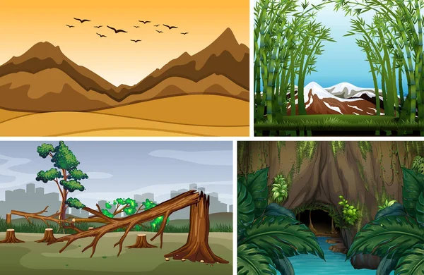 Vier Verschiedene Natur Szenen Wald Cartoon Stil — Stockvektor