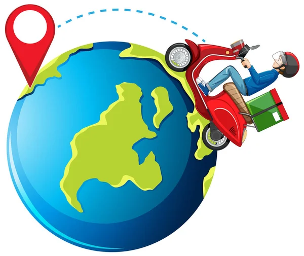 Bisikletçi ya da teslimatçı ve dünya çiziminde bir broş.