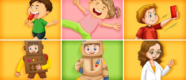 Set Különböző Gyerek Karakterek Különböző Színű Háttér Illusztráció — Stock Vector