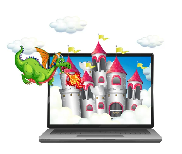 Märchenszene Auf Laptop Desktop Hintergrund Illustration — Stockvektor