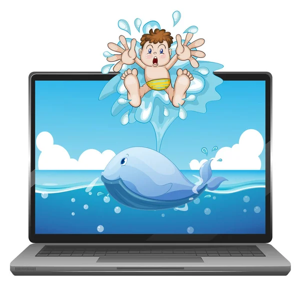 Laptop Met Walvis Desktop Illustratie — Stockvector