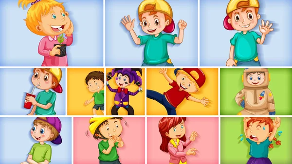 Набор Различных Детских Персонажей Разных Цветовых Фоновых Иллюстрациях — стоковый вектор