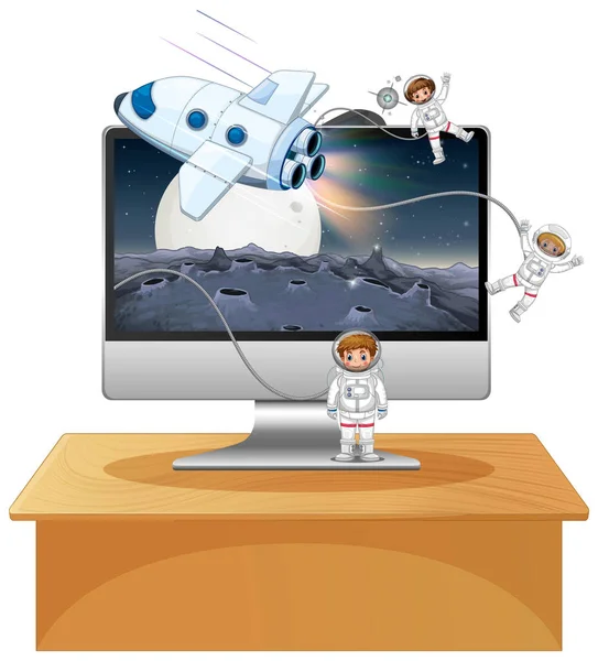 コンピュータデスクトップの背景イラストの上のスペースシーン — ストックベクタ