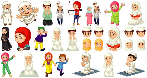 Set Different Muslim People Cartoon Character Isolated White Background Illustration — Stock Vector