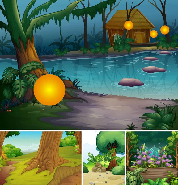 森林与沼泽四个不同的自然景观卡通画 — 图库矢量图片