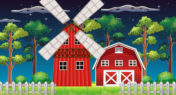 Farm scene with barn and mill at night illustration