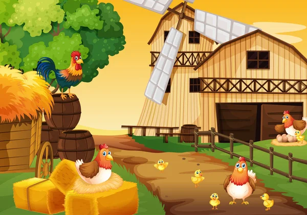 带有谷仓 风车和鸡肉插图的农场景观 — 图库矢量图片