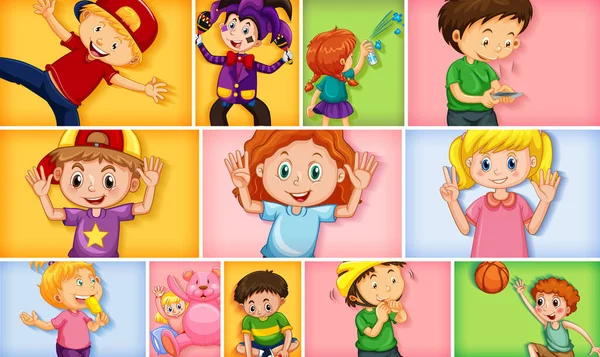 Farklı arkaplan resimlerinde farklı çocuk karakterleri kümesi